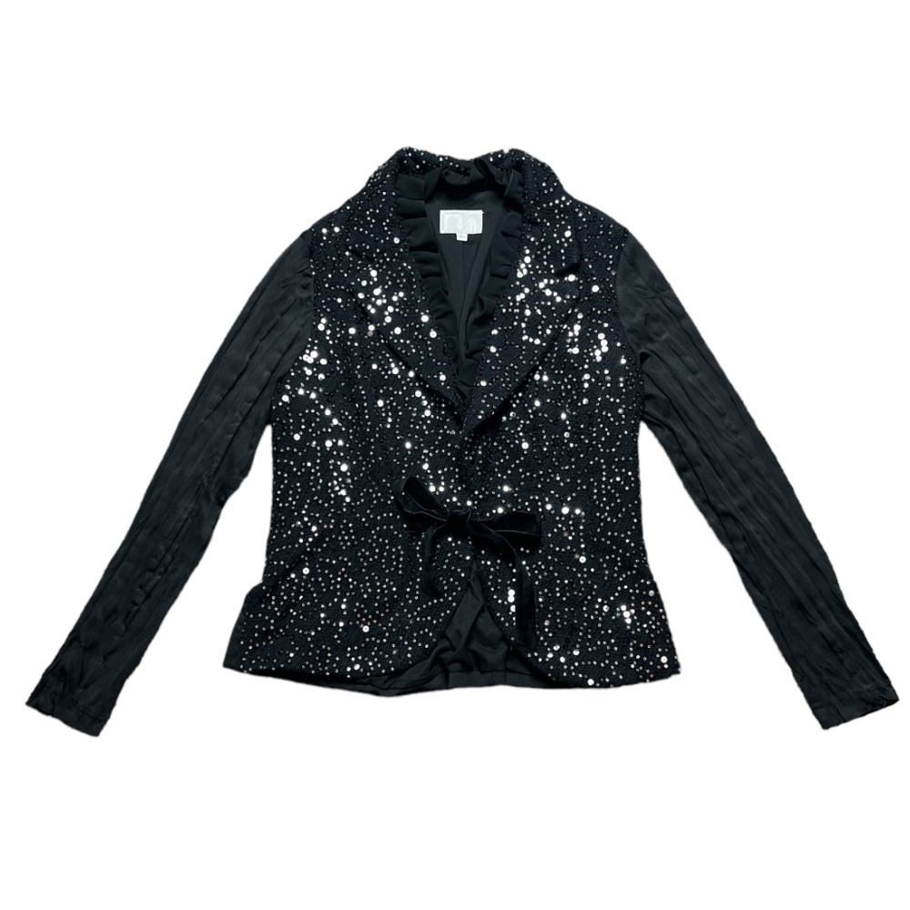 Alberto Makali Womens L Black Sequins Ruffle Collar Tie Front Blazer Jacket